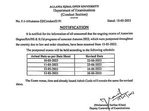 Allama Iqbal Open University brings a crucial update for the ongoing exams of Associate Degree/BA/B.Ed programs for the Autumn 2022 semester. Due to prevailing law and order situations, the exams were temporarily postponed throughout the country. We are pleased to announce that the exams will now resume from 15-05-2023. Please take note of the revised exam schedule provided below to stay informed and prepare accordingly. Revised Exam Schedule: Original Exam Date: 10-05-2023, Revised Date: 22-06-2023 Original Exam Date: 11-05-2023, Revised Date: 23-06-2023 Original Exam Date: 12-05-2023, Revised Date: 24-06-2023 Original Exam Date: 13-05-2023, Revised Date: 26-06-2023 It is essential to note that the exam venue, time, and the already issued Admit Cards will remain the same for the revised dates. We urge all concerned students to make necessary preparations and ensure they are well-prepared for the upcoming exams. For further updates or any inquiries, kindly refer to the official channels of Allama Iqbal Open University. Let's embrace this opportunity to showcase our knowledge and excel in the Autumn 2022 exams. Wishing all students the best of luck! Note: Please refer to the provided notification for detailed information.