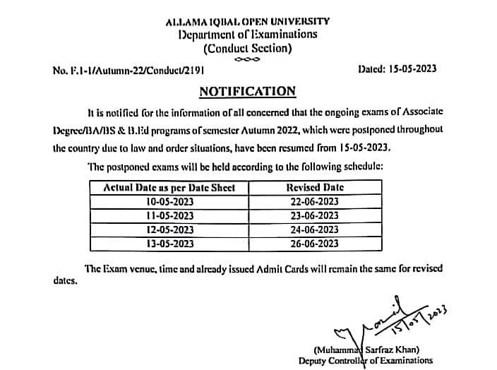 Autumn 2022 Exam Update: Resumption Of AIOU Associate Degree/BA/B.Ed Exams