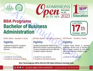 AIOU BBA Admissions Autumn 2023